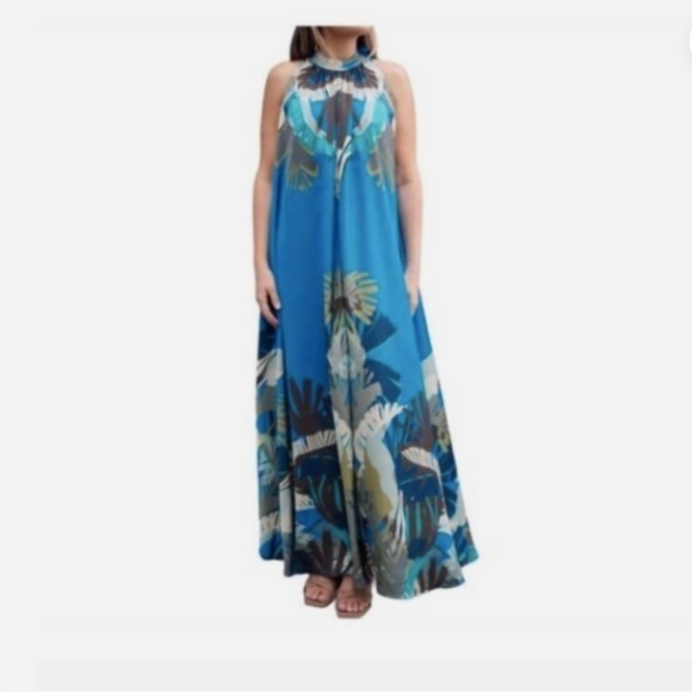 Ranna Gill Isla Blue Brown Halter A-Line Maxi Flowy Caftan Resort Dress Nwt XL